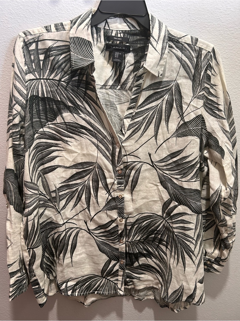 Tahari Black & White Palm Leaf Button-Down Shirt